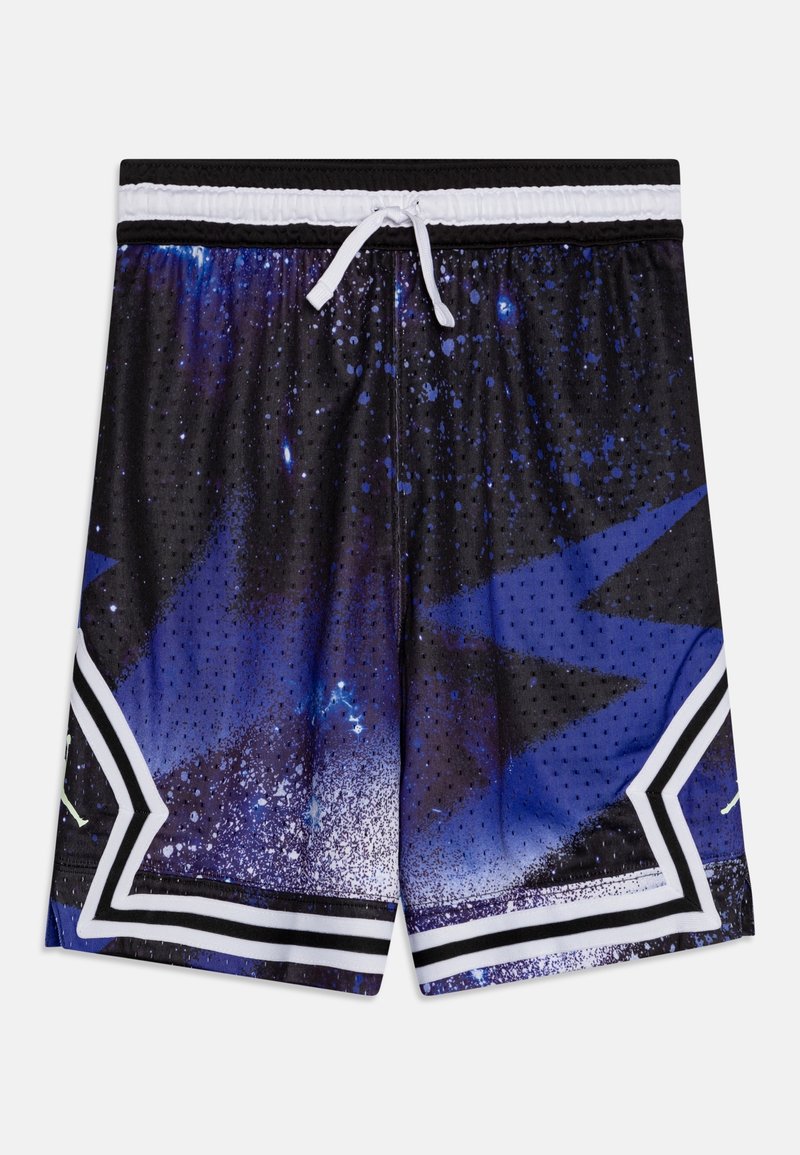 Shorts de basket noirs et bleus avec cordon blanc et motifs d'étoiles sur chaque jambe, en tissu respirant perforé et ourlet rayé.