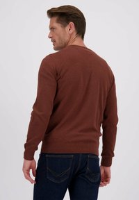 Man in een rustkleurige lange mouwen trui en donkerblauwe spijkerbroek, iets naar de zijkant gedraaid tegen een eenvoudige lichte achtergrond.