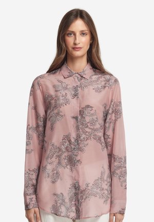 Rosa Bluse mit langen Ärmeln aus transparenter Stoff mit floralen und Paisley-Mustern in Silber. Sie hat einen klassischen Kragen und eine durchgehende Knopfleiste.