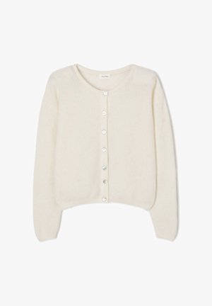Pehme kreemikas kootud kardigan pikkade varrukatega ja seitsme ees nupuga, millel on ümar kaelus ning soonilised varrukasääred ja alumine äär.