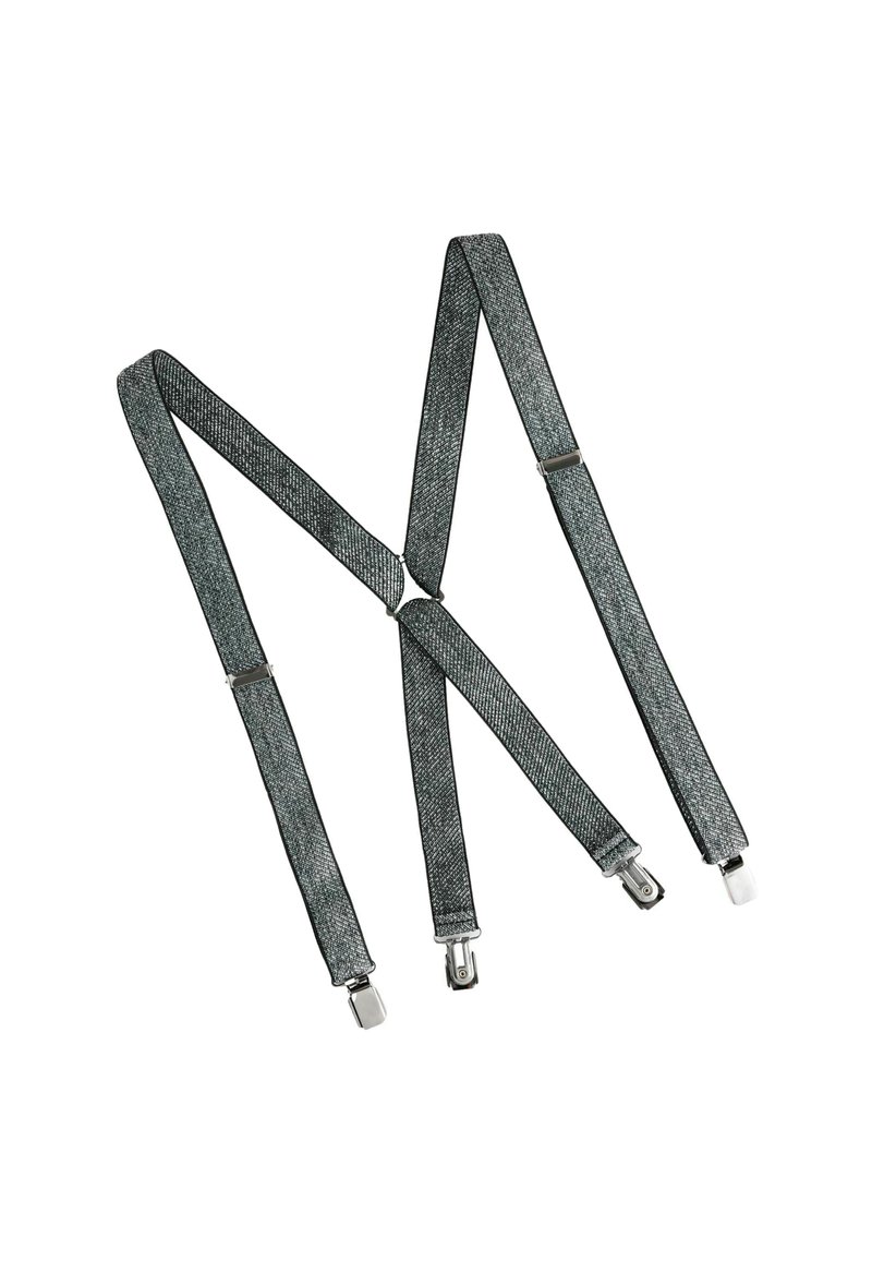 Justerbara grå tyghängslen med metallklämmor och slidrar liggande platt på en vit bakgrund.