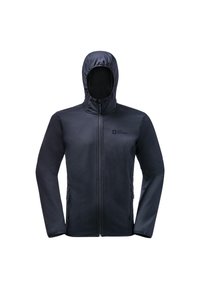 Veste zippée bleu foncé avec capuche, présentant une finition lisse et mate, des poches latérales et un petit logo sur la zone de la poitrine.