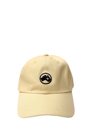 Gorra de algodón color beige claro con una corona redondeada y visera curvada. Presenta un parche circular negro con un contorno de Australia.