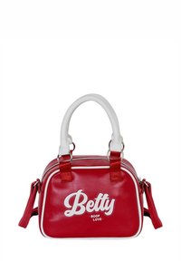 Bolso de mano rojo y blanco con acabado brillante, forma redondeada, doble asa superior y correa desmontable. Presenta el texto impreso "Betty Boop Love."