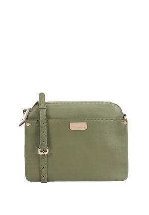 Sac bandoulière rectangulaire en cuir vert olive avec une sangle réglable, fermeture éclair, et une petite plaque de marque dorée à l'avant.