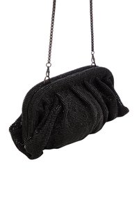 Fekete gyöngyös clutch táska gyűrt dizájnnal és lánc pánttal. Jellemző rá a texturált felület, egyenletesen elhelyezett gyöngyökkel és lekerekített élekkel.