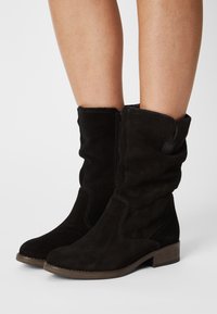 Bottes noires en suede hauteur mi-mollet avec de petits talons en bois, fermeture éclair sur le côté, portées sur des jambes nues contre un fond clair et uni.