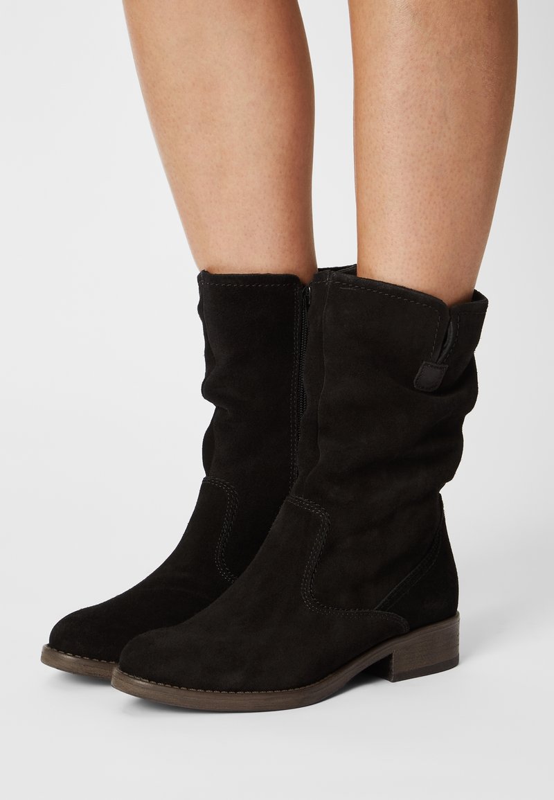 Bottes noires en suede hauteur mi-mollet avec de petits talons en bois, fermeture éclair sur le côté, portées sur des jambes nues contre un fond clair et uni.