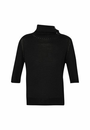 Maglione a maniche corte nero a collo alto con una texture a costine, caratterizzato da cuciture decorative lungo le spalle e un dettaglio con bottone al collo.