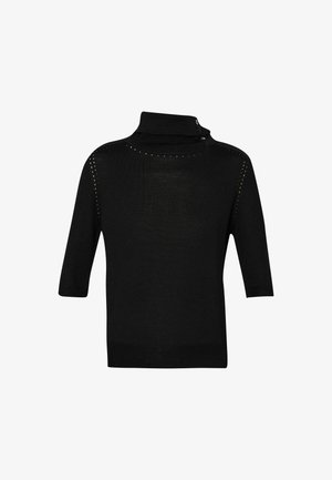 Maglione a maniche corte nero a collo alto con una texture a costine, caratterizzato da cuciture decorative lungo le spalle e un dettaglio con bottone al collo.
