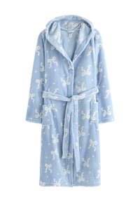 Jasnoniebieski szlafrok wykonany z miękkiego polaru, z kapturem, dwoma kieszeniami, paskiem do wiązania oraz białym wzorem kokardki z kropkami na całej powierzchni.