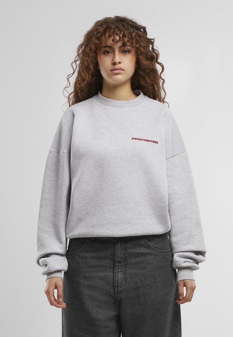 Lys grå hettegenser med oversized passform, ribbede mansjetter og brodert "PROHIBERT"-logo i mørkerød på venstre bryst. Kombinert med mørkegrå bukser.