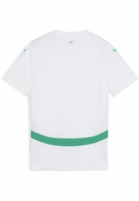 White sports jersey featuring a green horizontal stripe at the waist, short sleeves, and a crew neckline. Material appears lightweight and breathable.