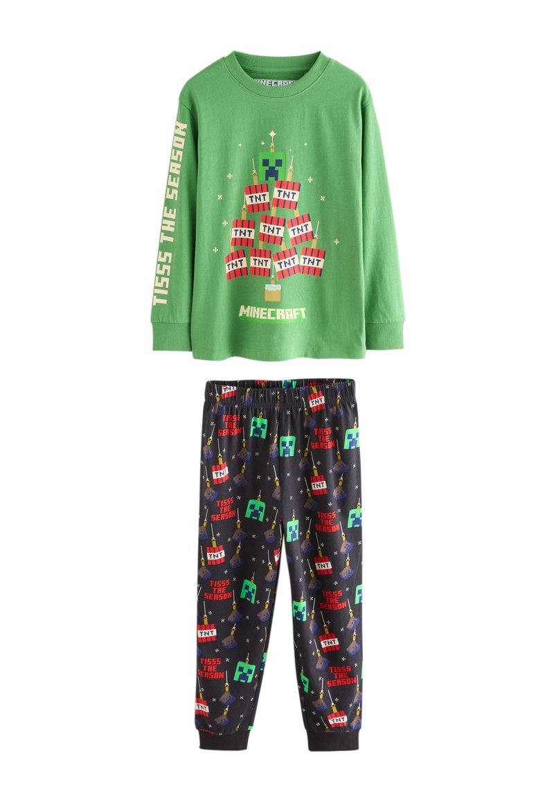 Green long-sleeve top with a printed TNT design and "TISSS THE SEASON" text; black pajama bottoms feature repeating Minecraft graphics.