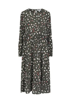 Robe midi manches longues couleur vert olive avec jupe à étages et imprimé floral abstrait blanc, noir et rouge éparpillé.