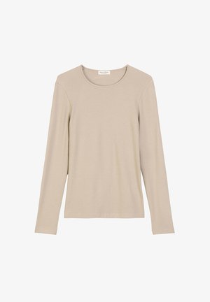 Beige Langarmshirt aus einem weichen, leichtem Stoff mit rundem Halsausschnitt und glatter Textur. Einfaches Design, keine Muster oder Akzente.
