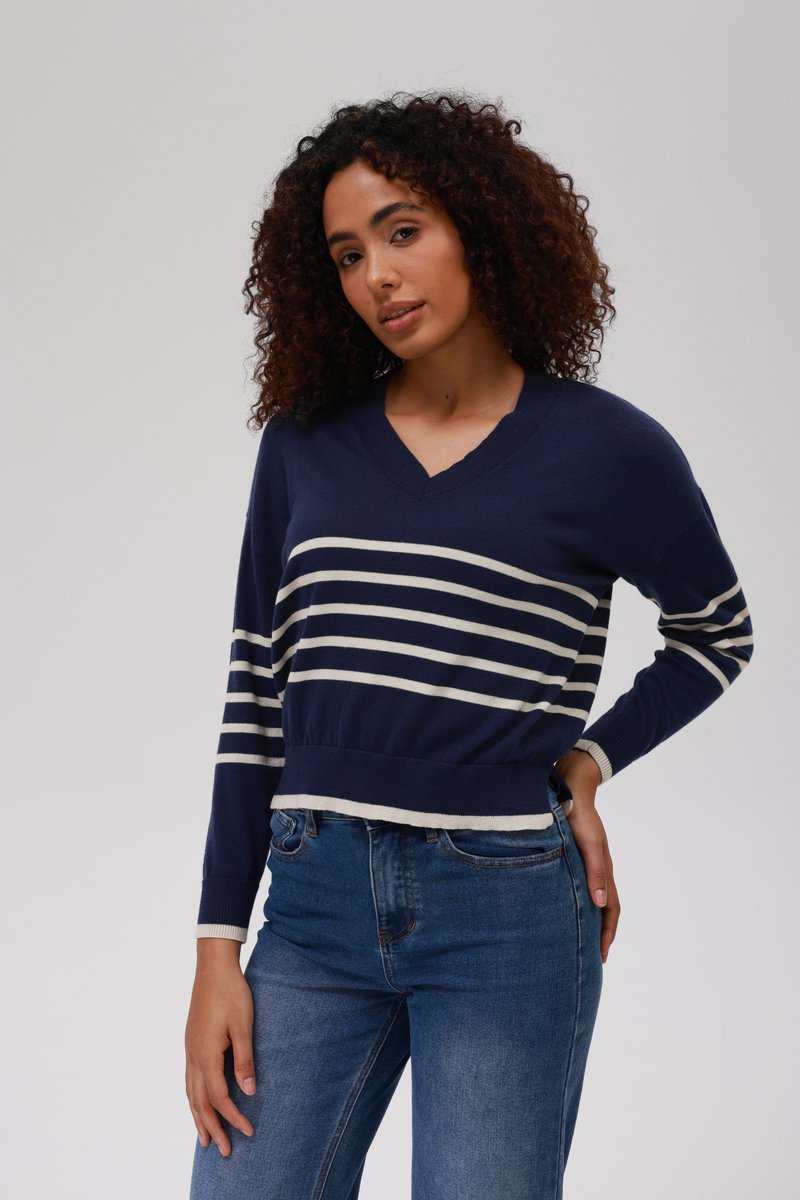 Marineblauwe gebreide trui met witte horizontale strepen, V-hals en geribde manchetten. Draagt met blauwe high-waisted jeans.
