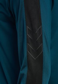 Teal träningsöverdel med svart strukturerad rand som har en mörkgrå chevronmönster längs ärmen, tillverkad av ett mjukt och luftigt material.