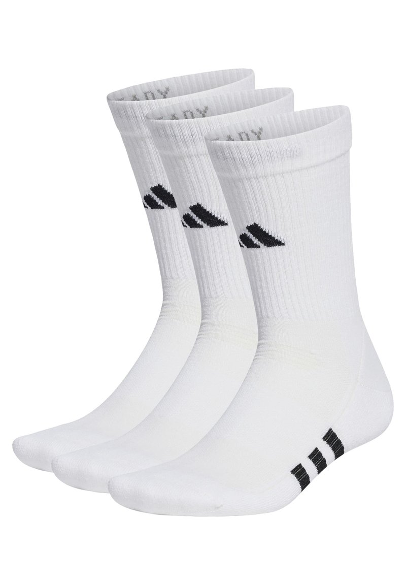 Calcetines de mezcla de algodón blancos, con textura acanalada, presentan un logo negro y rayas en el talón. Se muestran tres pares, diseño de longitud media en la pantorrilla.