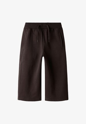 Pantaloncini in cotone marrone scuro con coulisse in vita, tasche laterali e vestibilità comoda. Tessuto liscio con dettagli cuciti.