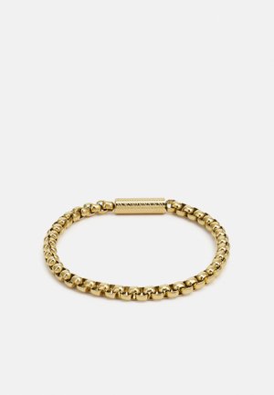 Gold metal bracelet featuring round links, a textured clasp, and a flexible design. The finish is shiny with a polished look.