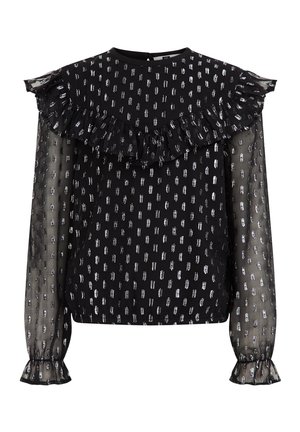 Sort bluse med lange ærmer og sølvfarvet penselstrøgsmønster, gennemsigtige ærmer, flæsekanter på skuldre og manchetter, høj halsudskæring og nøglehulslukning bagpå.