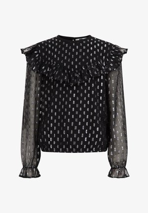 Blouse noire à manches longues avec motif en coups de pinceau argentés, manches transparentes, épaules et poignets à volants, col montant, et fermeture dos à trou de serrure.