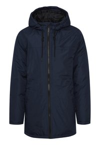 Navy blue hooded jacket with a front zipper, textured surface, and adjustable drawstring hood. Features a chest pocket design.