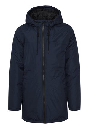 Mörkblå huva jacka med framsidans dragkedja, texturerad yta och justerbar dragsko på huvan. Har en bröstfickedesign.