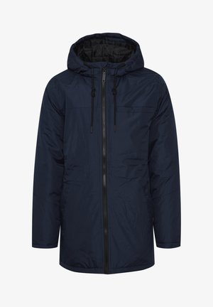 Navy blue hooded jacket with a front zipper, textured surface, and adjustable drawstring hood. Features a chest pocket design.