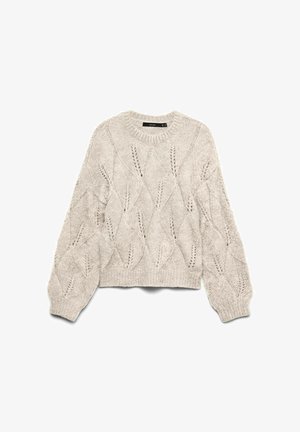 Jasnoszary dziany sweter z okrągłym dekoltem, długimi rękawami i otwartym wzorem w romby. Krótsza długość z prążkowanym wykończeniem u dołu i na rękawach.