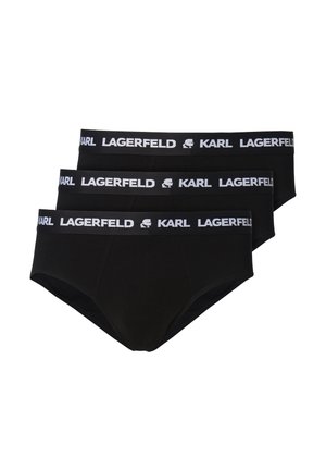 Trois slips noirs pour homme avec une ceinture élastique blanche ornée du texte "KARL LAGERFELD" et du logo en motif répétitif.