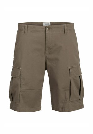 Cargo-Shorts aus erdigem braunem Baumwollmix, mit mehreren Seitentaschen, Knopfverschluss und Gürtelschlaufen, im geraden Schnitt.