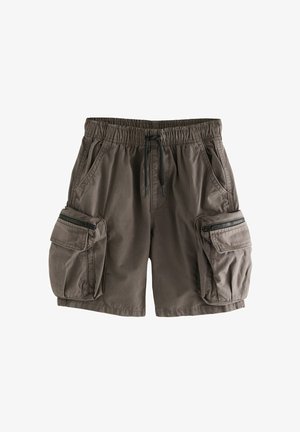 Sötét szürke anyagú cargo short, elasztikus derékkal és zsinórral, oldalsó zsebekkel, valamint két oldalsó cargo zsebbel, cipzárral.