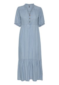 Ljusblå midiklänning med korta puffärmar, rynkad halsringning, träknappar fram och en utsvängd kjol.