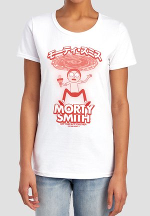 White t-shirt with red graphic of cartoon character Morty holding a torch under a swirling portal, with text "Morty Smith" and Japanese characters.