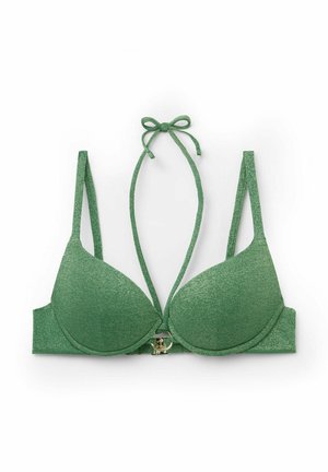 Grøn glimtende bikini top med polstrede skåle, tynde justerbare stropper og en bindedetalje bagpå. Har en guldfarvet lukning foran.