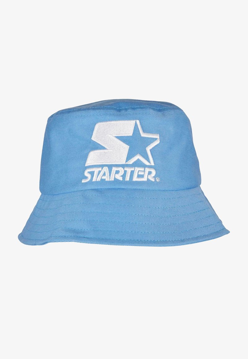 Chapeau seau en coton bleu avec une couronne arrondie et un large bord incliné vers le bas. Logo "S" et étoile brodé en blanc à l'avant.