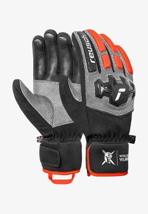 Schwarze und graue Torwarthandschuhe mit strukturiertem Handflächenbereich, orangefarbenen Akzenten, verstellbarem Handgelenkband und verstärktem Fingerschutz.