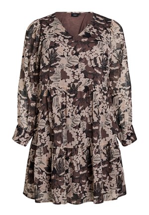 Abito floreale in tessuto trasparente con maniche lunghe, scollo a V e gonna a strati. I colori includono beige, marrone e nero con motivi a foglia.