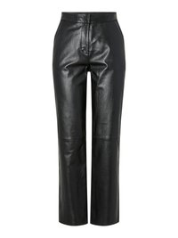 Zwarte leren broek met een gladde textuur en een rechte pijpdesign. Heeft een medium taille en minimalistische details aan de voorkant.
