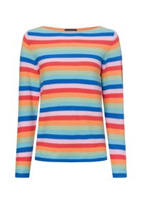 Gestreepte trui met horizontale lijnen in blauw, roze, oranje en groen. Gemaakt van textuur gebreide stof, met een brede hals en lange mouwen.