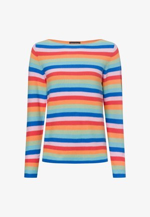 Gestreifter Pullover mit horizontalen Linien in Blau, Pink, Orange und Grün. Hergestellt aus strukturiertem Strickstoff, mit einem weiten Ausschnitt und langen Ärmeln.