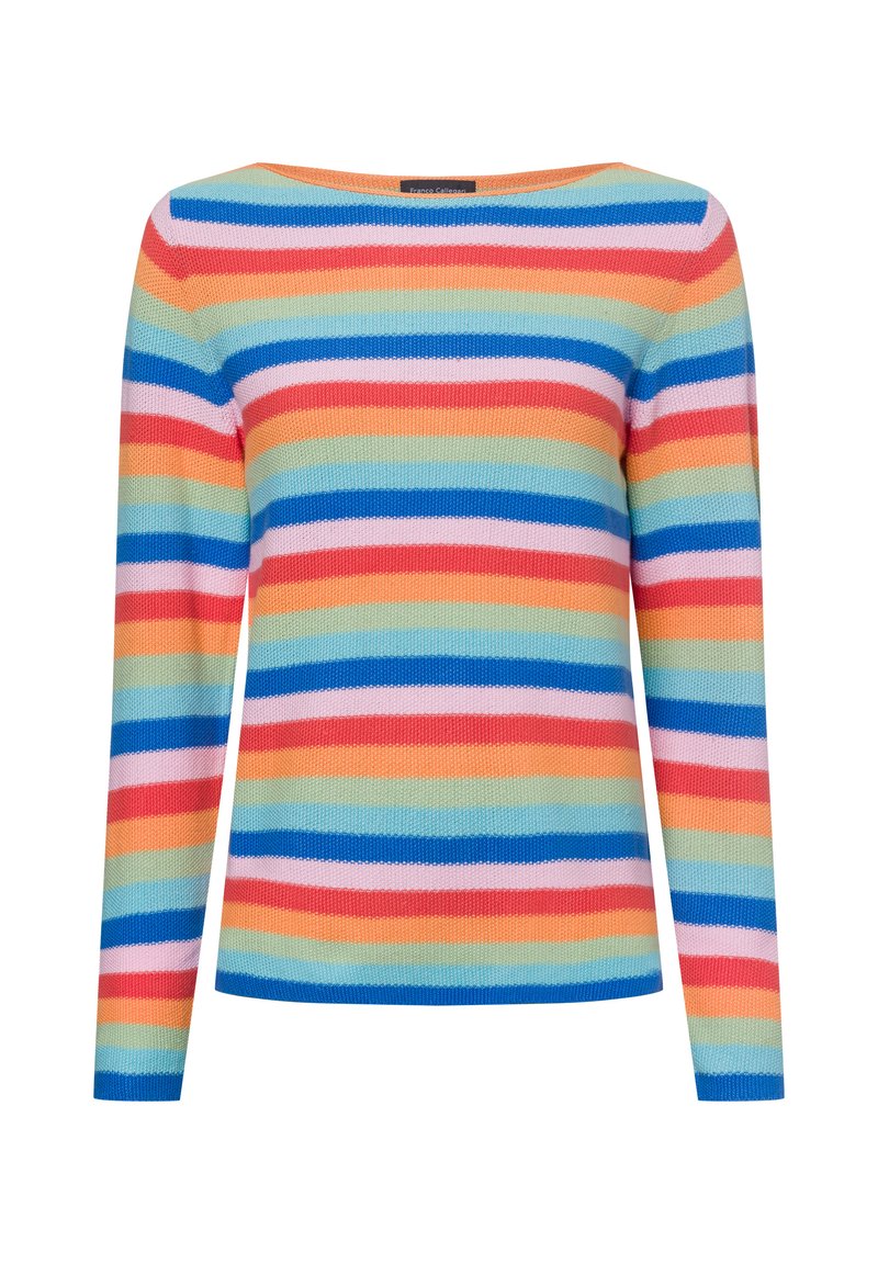 Gestreepte trui met horizontale lijnen in blauw, roze, oranje en groen. Gemaakt van textuur gebreide stof, met een brede hals en lange mouwen.