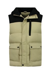 Beige puffervest met een zwart bovengedeelte, ritssluiting, twee voorzakken met kleppen en een ritssluiting op de borstzak. Zacht gestructureerde stof.