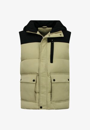 Beige puffervest met een zwart bovengedeelte, ritssluiting, twee voorzakken met kleppen en een ritssluiting op de borstzak. Zacht gestructureerde stof.