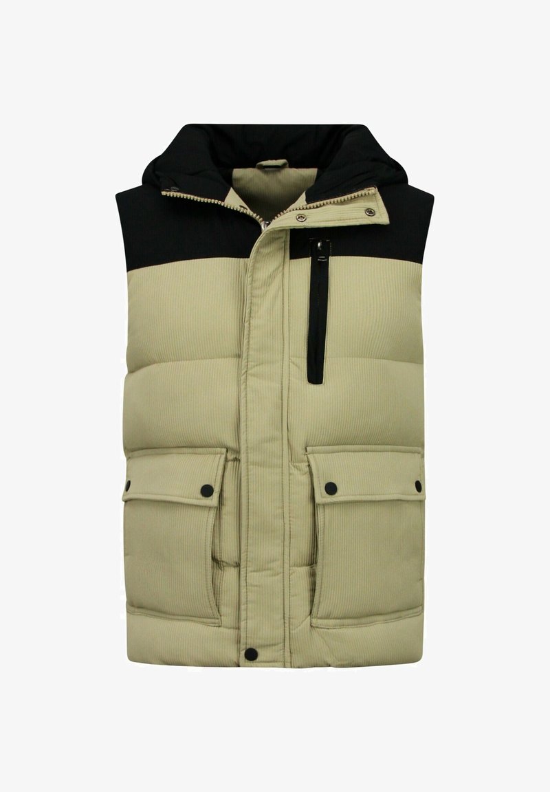 Beige puffervest met een zwart bovengedeelte, ritssluiting, twee voorzakken met kleppen en een ritssluiting op de borstzak. Zacht gestructureerde stof.