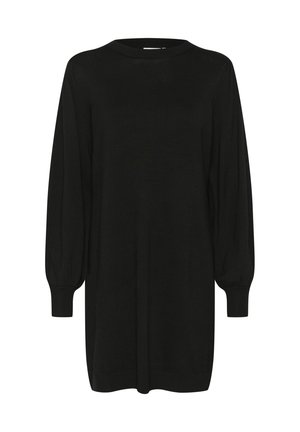 Must mustriga mustriga kleit, mis on valmistatud pehmest kudumaterjalist. Omab ümarat kaelust, puffi varrukate ja veidi lõdva istuvust.