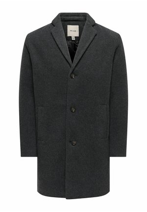 Manteau long homme en mélange de laine gris foncé à trois boutons, col à revers cranté et poches latérales, intérieur doublé, et étiquette de marque à l'intérieur du col.