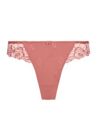 String en dentelle rose avec broderie florale, présentant un panneau avant lisse, des bords festonnés et un petit nœud au centre.